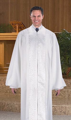 Clergy Robe-Cambridge Pulpit with Jacquard Panels-White-Large Short