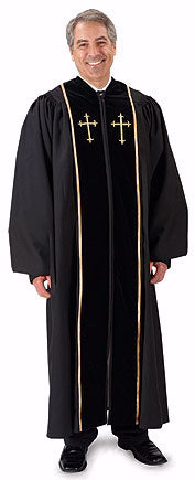 Robe-Embroidered Cross Pulpit-Black Velvet with Gold Embroidery/Lace Trim-Small Long