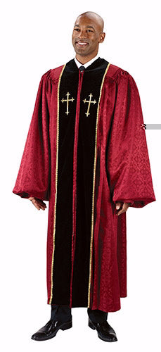Clergy Robe-Jacquard Black Velvet With Gold Embroidery-Gold Lace Trim-Burgundy-Medium Short