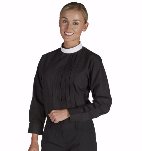 Clergy Blouse-Womens-Long Sleeve-Neckband-Black (Size 1X)