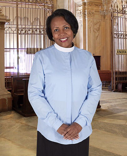 Clergy Shirt-Womens-Long Sleeve-Neckband-Blue (Size 18)