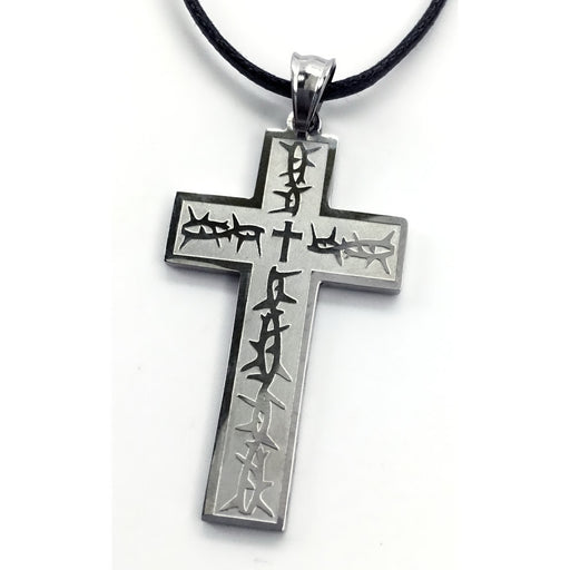 NECKLACE-TRIBAL CROSS & THORNS-22" BLACK LEATHER CORD