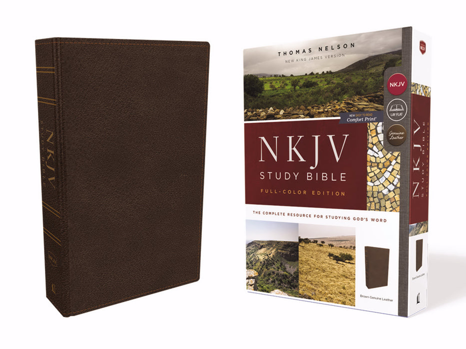 NKJV Study Bible (Full-Color) (Comfort Print)-Brown Genuine Leather (Dec)