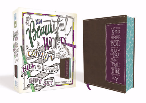 NIV Beautiful Word Coloring Bible And 8-Pencil Gift Set-Brown/Purple Leathersoft