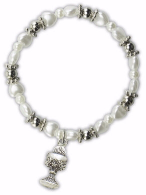 Bracelet-First Communion Stretch w/Chalice Charm (White Pearl)