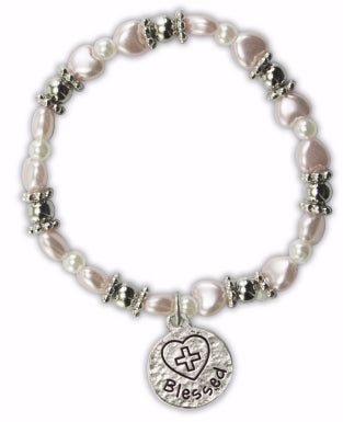 Bracelet-First Communion Stretch w/Blessed Charm (Pink Pearl)