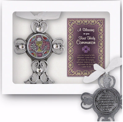 Cross-First Holy Communion w/Gift Card and White Ribbon (4")