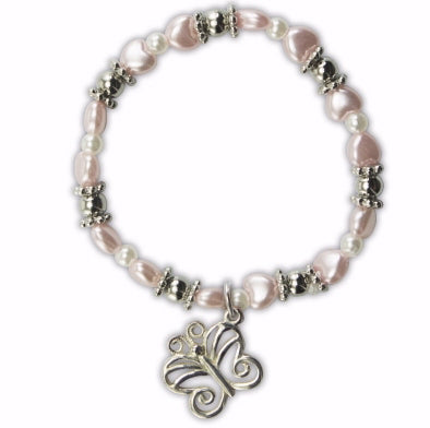 Bracelet-Pink Pearl Hearts w/Butterfly Charm-Stretch