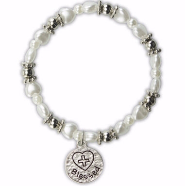Bracelet-White Pearl Hearts w/Blessed Charm-Stretch