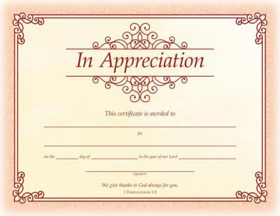 Certificate-In Appreciation (1 Thessalonians 1:2) (Full Color, Coated Stock) (Pack Of 6) (Pkg-6)