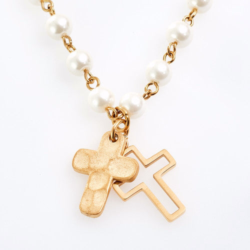 Necklace-Double Cross And Glass Pearl (Dec)