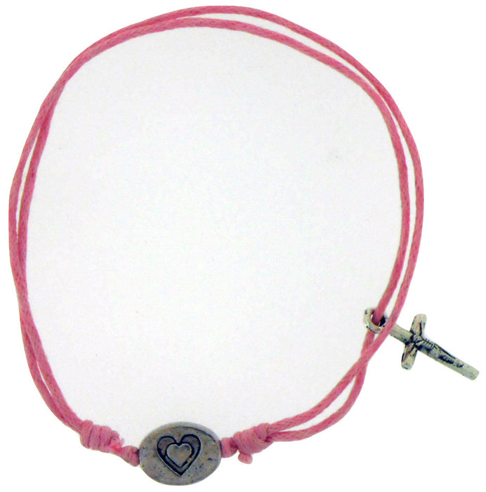 Bracelet-Light Pink Cotton Adjustable Friendship With 2-Sided "Love"/Heart Bead And Crucifix Charm