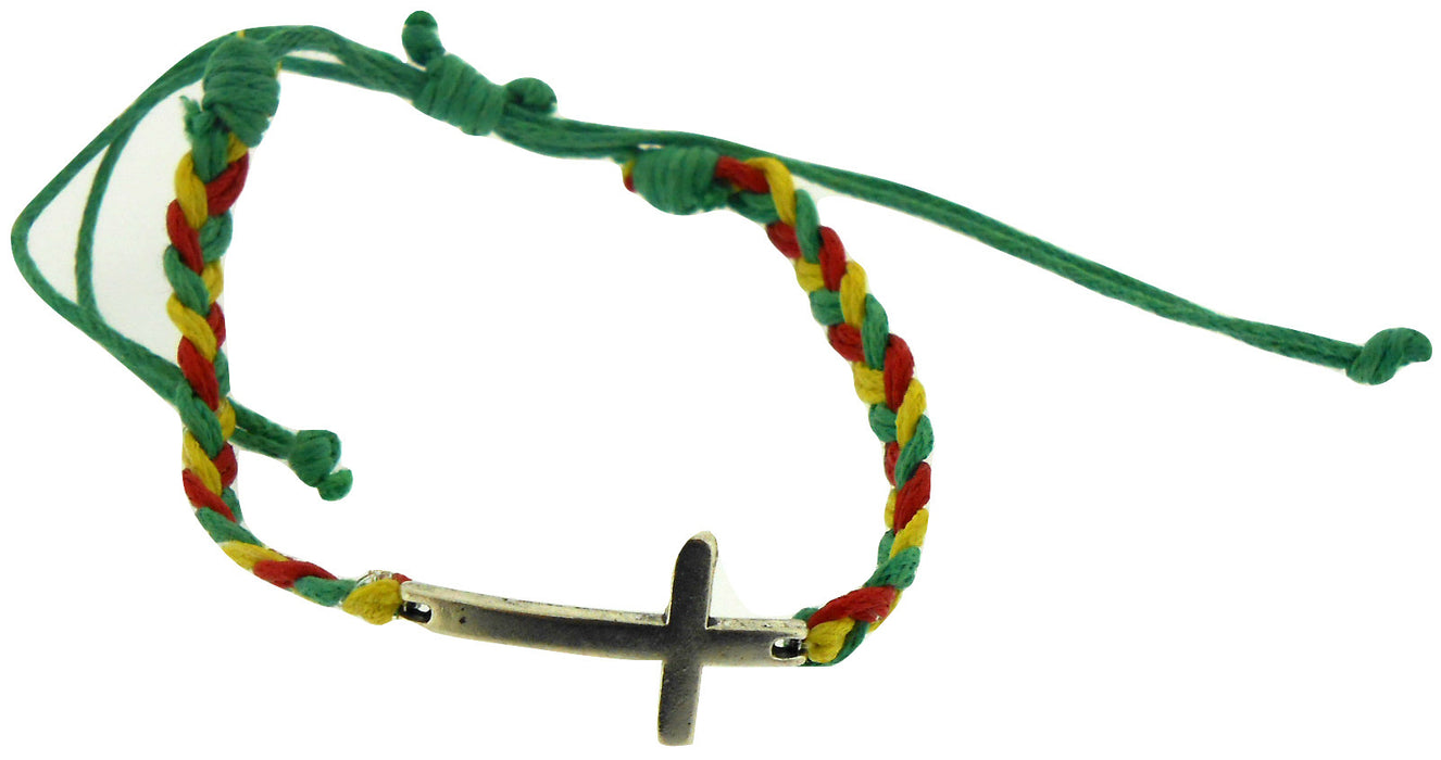 Bracelet-Yellow, Green, Red Cotton Adjustable Friendship With Cross Bead