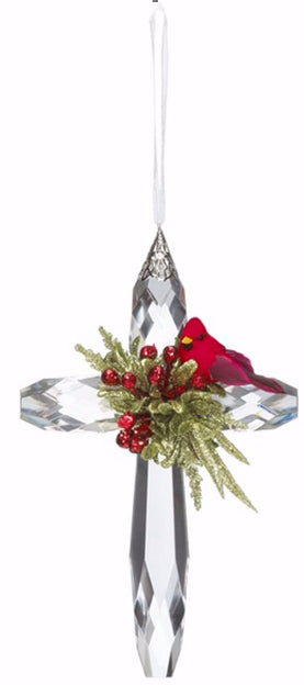 Ornament-Mistletoe Krystal Cardinal Cross (7")