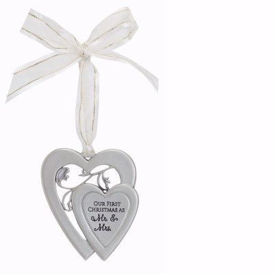 Ornament-Mr. & Mrs. First Christmas-Double Heart w/White Ribbon