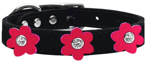 Flower Leather Collar Black With Bright Pink flowers Size 10