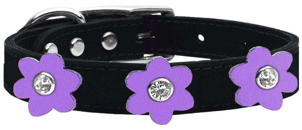 Flower Leather Collar Black With Lavender flowers Size 10