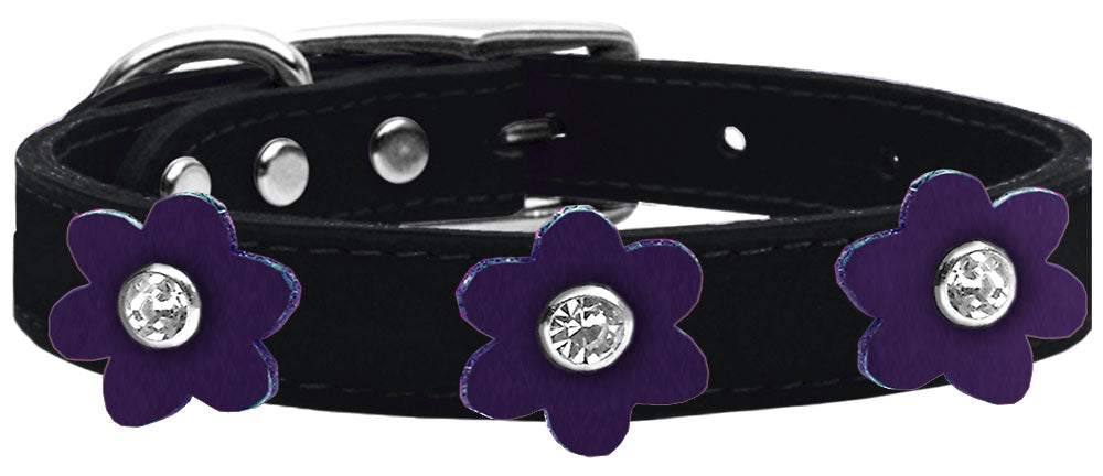Flower Leather Collar Black With Purple flowers Size 16