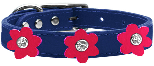 Flower Leather Collar Blue With Bright Pink flowers Size 14