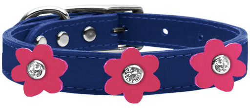 Flower Leather Collar Blue With Pink flowers Size 14