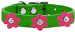 Flower Leather Collar Emerald Green With Pink flowers Size 12