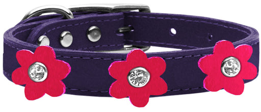 Flower Leather Collar Purple With Bright Pink flowers Size 26
