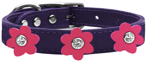 Flower Leather Collar Purple With Pink flowers Size 18