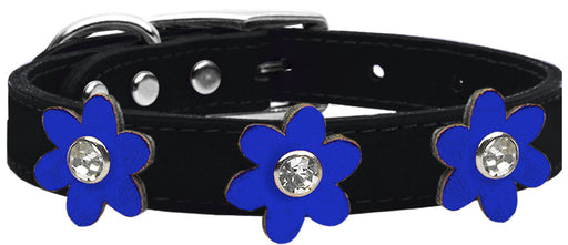 Metallic Flower Leather Collar Black With Metallic Blue flowers Size 14
