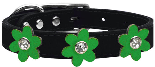 Metallic Flower Leather Collar Black With Metallic Emerald Green flowers Size 10