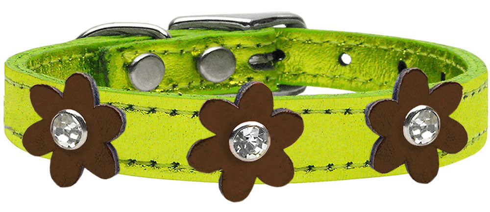 Metallic Flower Leather Collar Metallic Lime Green With Bronze flowers Size 24