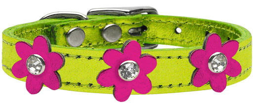 Metallic Flower Leather Collar Metallic Lime Green With Metallic Pink flowers Size 24