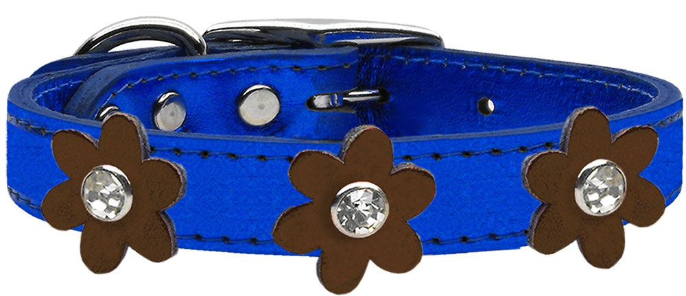 Metallic Flower Leather Collar Metallic Blue With Bronze flowers Size 16