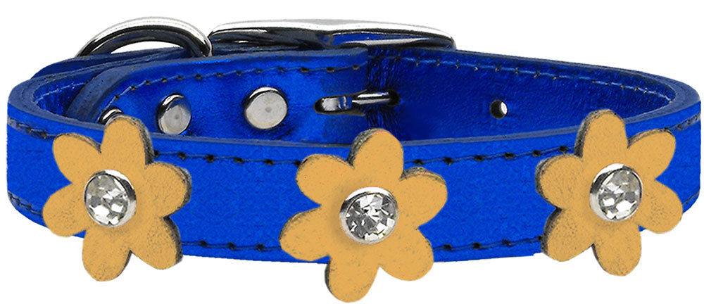 Metallic Flower Leather Collar Metallic Blue With Gold flowers Size 26