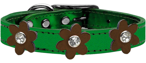 Metallic Flower Leather Collar Metallic Emerald Green With Bronze flowers Size 14