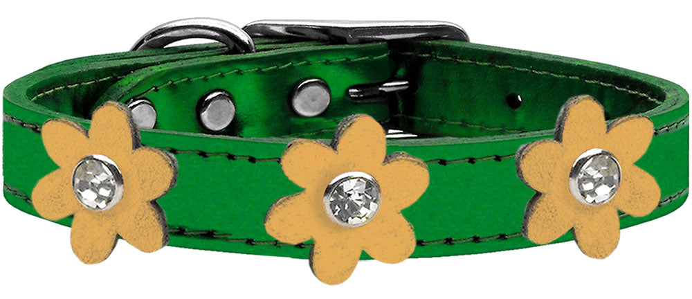 Metallic Flower Leather Collar Metallic Emerald Green With Gold flowers Size 20