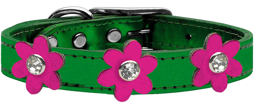 Metallic Flower Leather Collar Metallic Emerald Green With Metallic Pink flowers Size 24