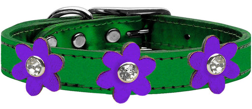 Metallic Flower Leather Collar Metallic Emerald Green With Metallic Purple flowers Size 20