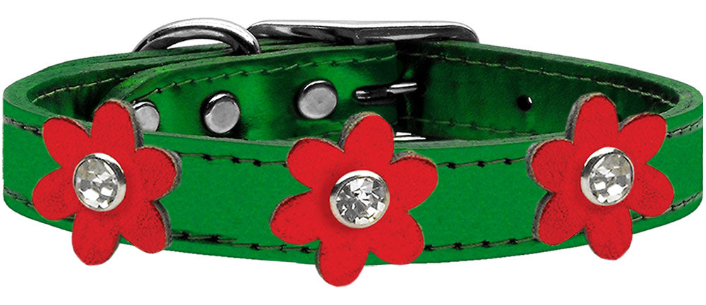 Metallic Flower Leather Collar Metallic Emerald Green With Metallic Red flowers Size 14