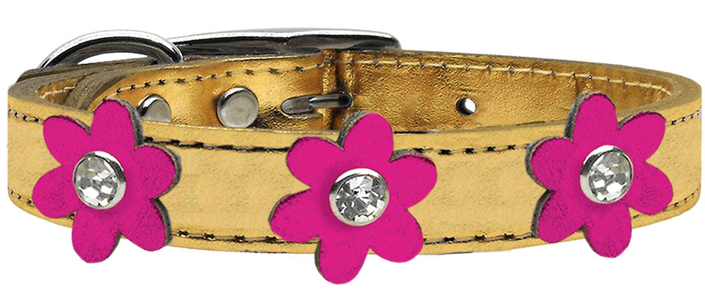 Metallic Flower Leather Collar Gold With Metallic Pink flowers Size 24