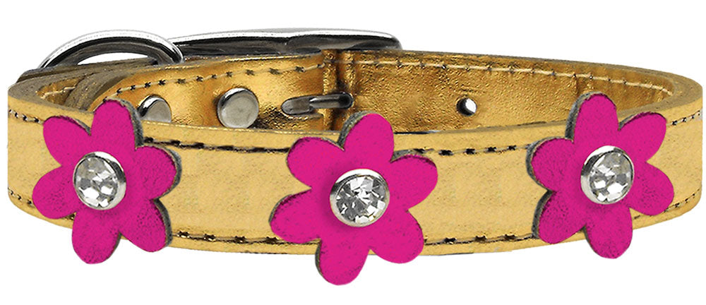 Metallic Flower Leather Collar Gold With Metallic Pink flowers Size 10