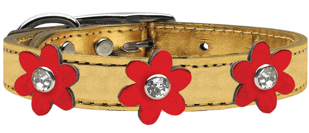 Metallic Flower Leather Collar Gold With Metallic Red flowers Size 10