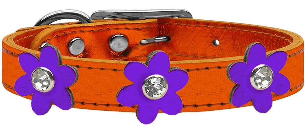 Metallic Flower Leather Collar Metallic Orange With Metallic Purple flowers Size 18