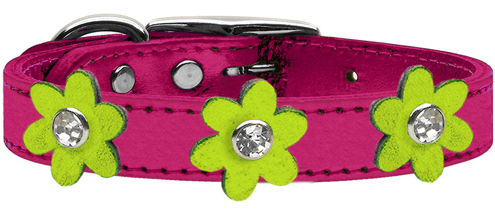 Metallic Flower Leather Collar Metallic Pink With Metallic Lime Green flowers Size 14