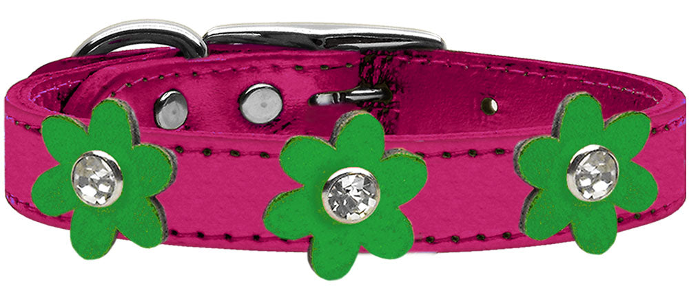 Metallic Flower Leather Collar Metallic Pink With Metallic Emerald Green flowers Size 20