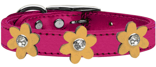 Metallic Flower Leather Collar Metallic Pink With Gold flowers Size 10