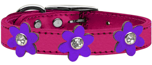 Metallic Flower Leather Collar Metallic Pink With Metallic Purple flowers Size 16