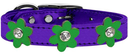 Metallic Flower Leather Collar Metallic Purple With Metallic Emerald Green flowers Size 26