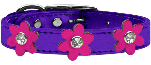 Metallic Flower Leather Collar Metallic Purple With Metallic Pink flowers Size 22