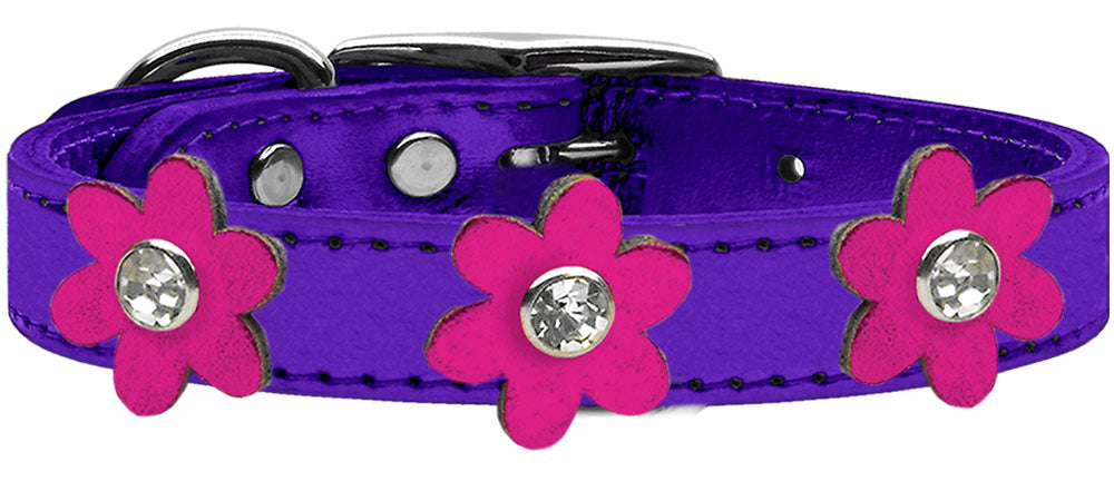 Metallic Flower Leather Collar Metallic Purple With Metallic Pink flowers Size 26