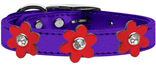 Metallic Flower Leather Collar Metallic Purple With Metallic Red flowers Size 16